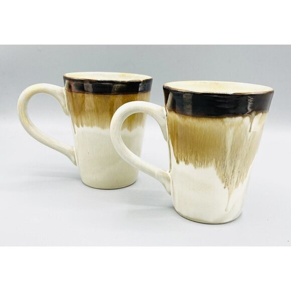 Tabletops Lifestyle Filmore 2 Coffee Mugs Brown Drip Glaze Beige Cups Farmhouse - Picture 1 of 5